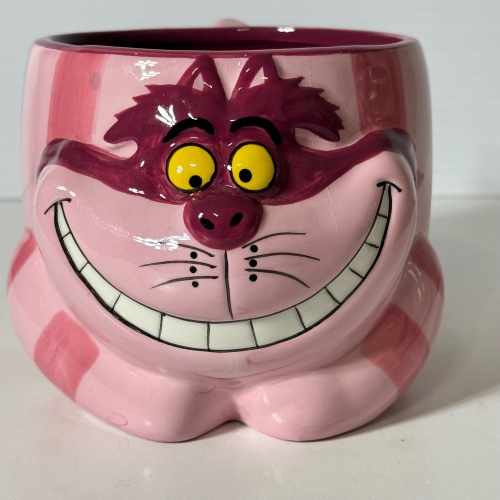 Disney Silver Buffalo Cheshire Cat 3D Sculpted Ceramic Mug 24oz Pink Striped Mug